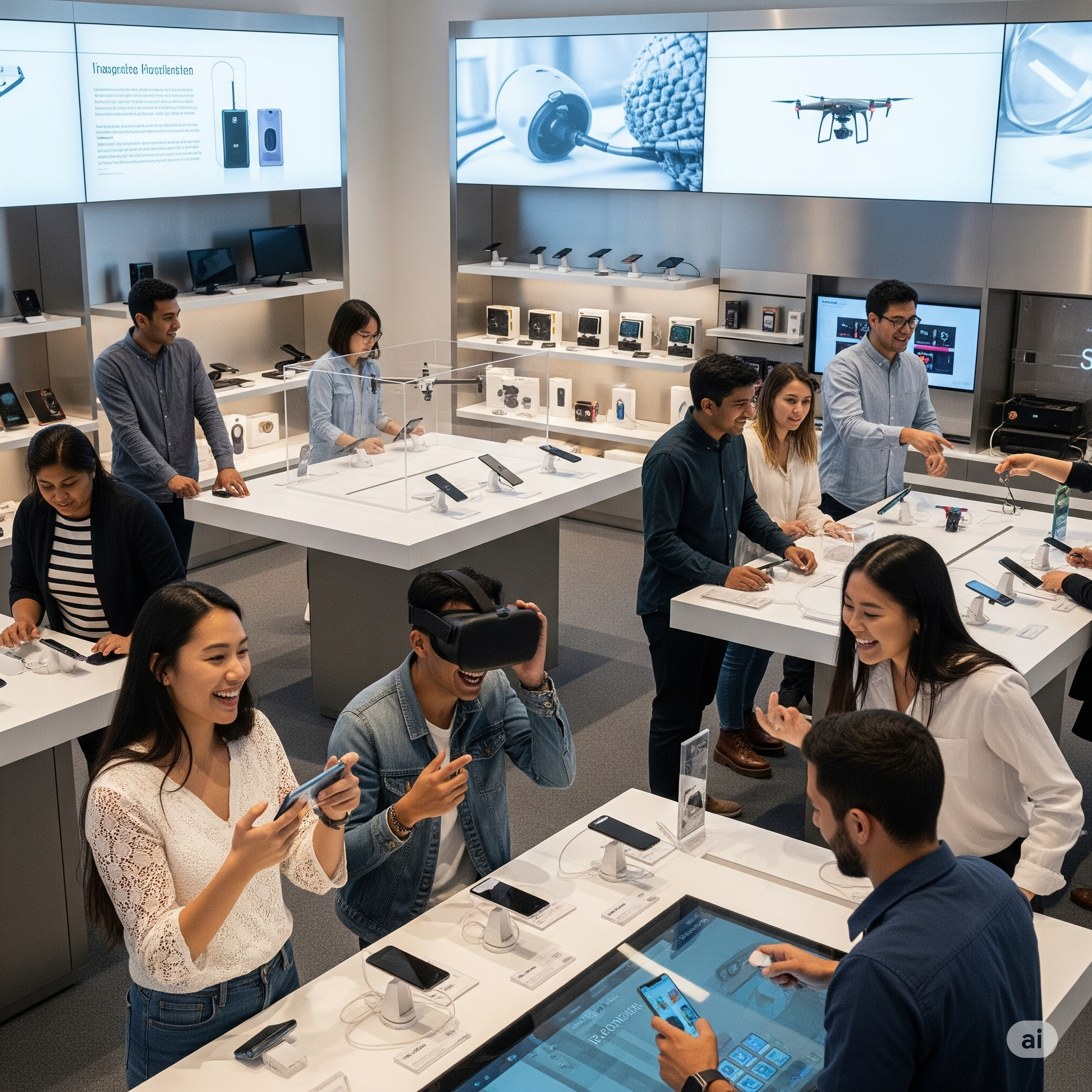 People interacting with digital gadgets in a modern tech environment