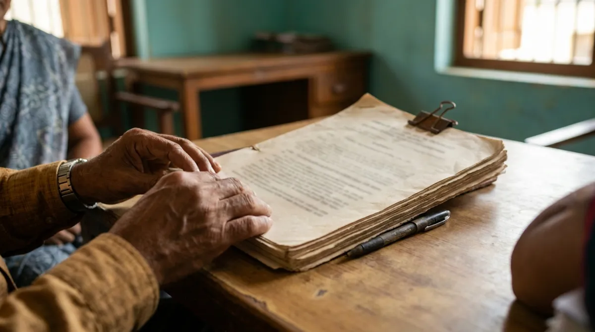 Hands resting on a thick bound property agreement on a wooden desk