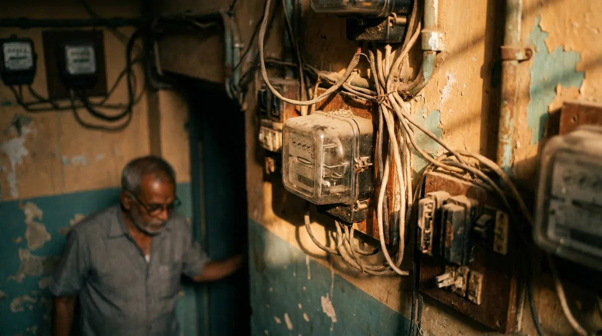 Electricity meters on the wall of an Indian apartment building stairwell