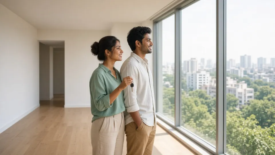 Young Indian couple holding the keys to their new apartment, looking out at the city