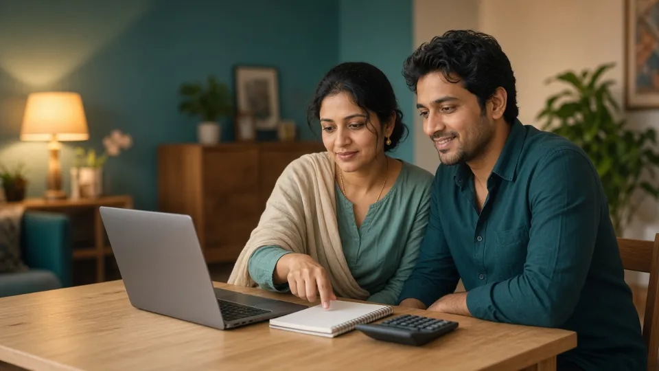 Indian couple planning their home loan EMI on a laptop with a calculator