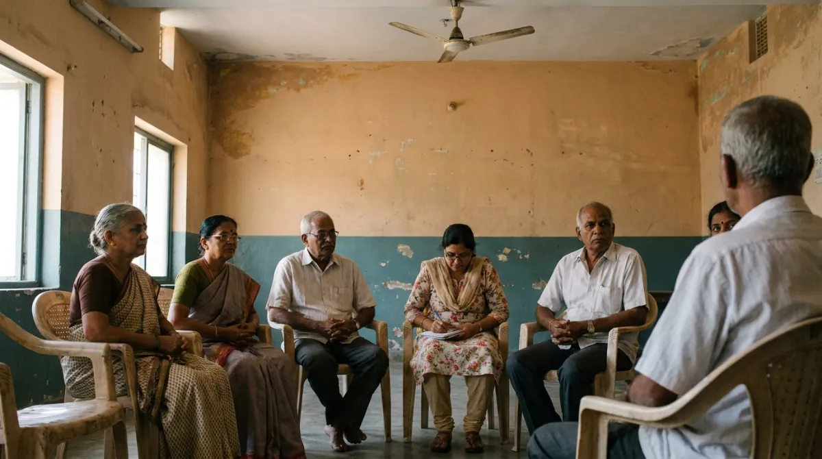 Residents sitting on plastic chairs in a community hall listening to a speaker