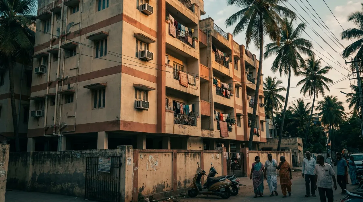 A mid-rise residential apartment building in a Hyderabad suburb at dusk