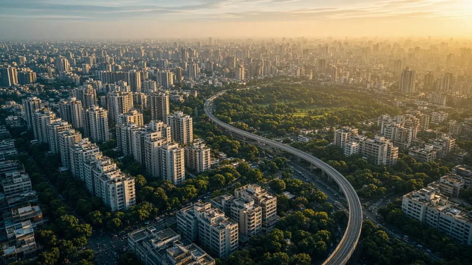 Aerial view of an Indian metro city with residential towers, green parks and a metro line