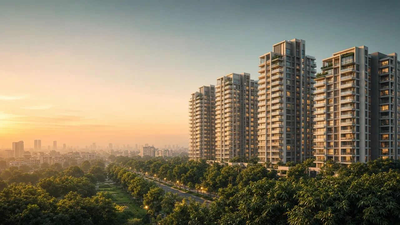 Modern Indian residential apartment towers at golden hour with a tree-lined boulevard and city skyline
