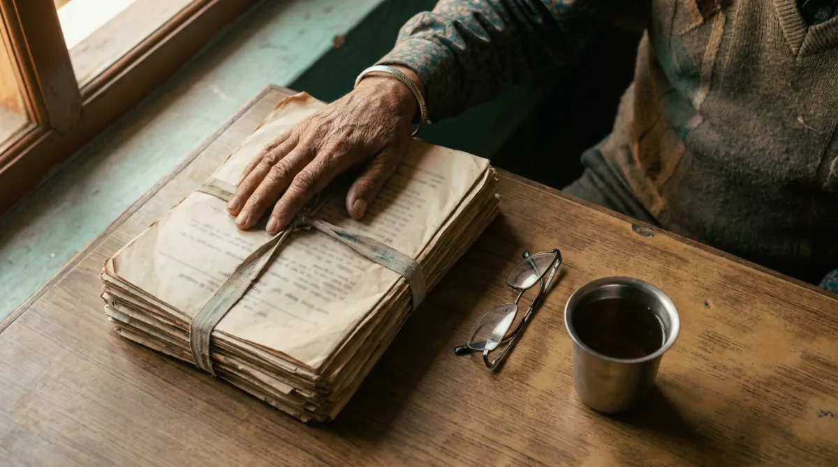 Old property deed papers stacked on a desk with reading glasses and a steel tumbler of tea