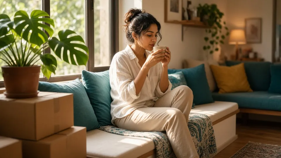 Young woman relaxing with chai in her newly rented apartment in India
