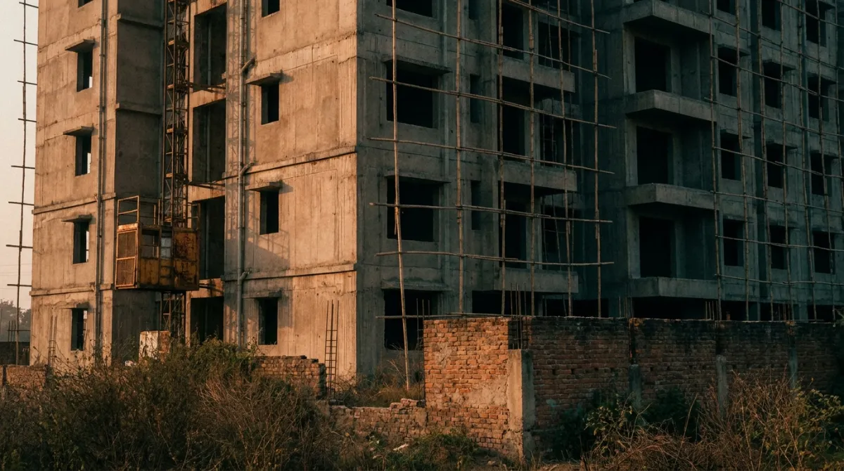An unfinished residential tower with scaffolding still standing at golden hour in India