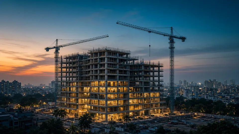 Under-construction residential tower with cranes at dusk in an Indian city