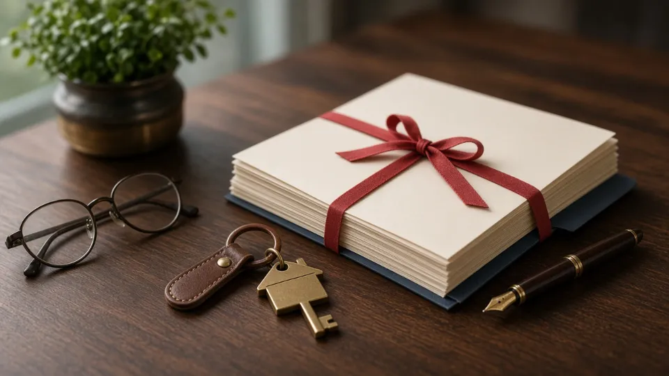 Property documents tied with a red ribbon beside house keys and a fountain pen