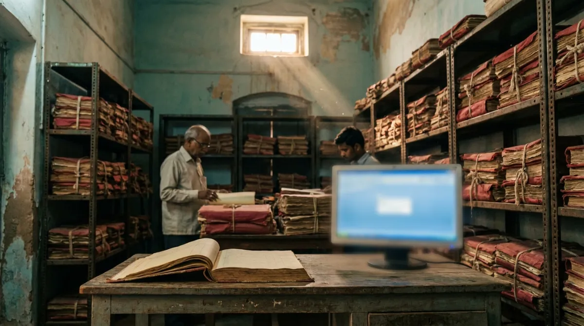 Bound land record volumes in a Telangana revenue record room beside a computer screen