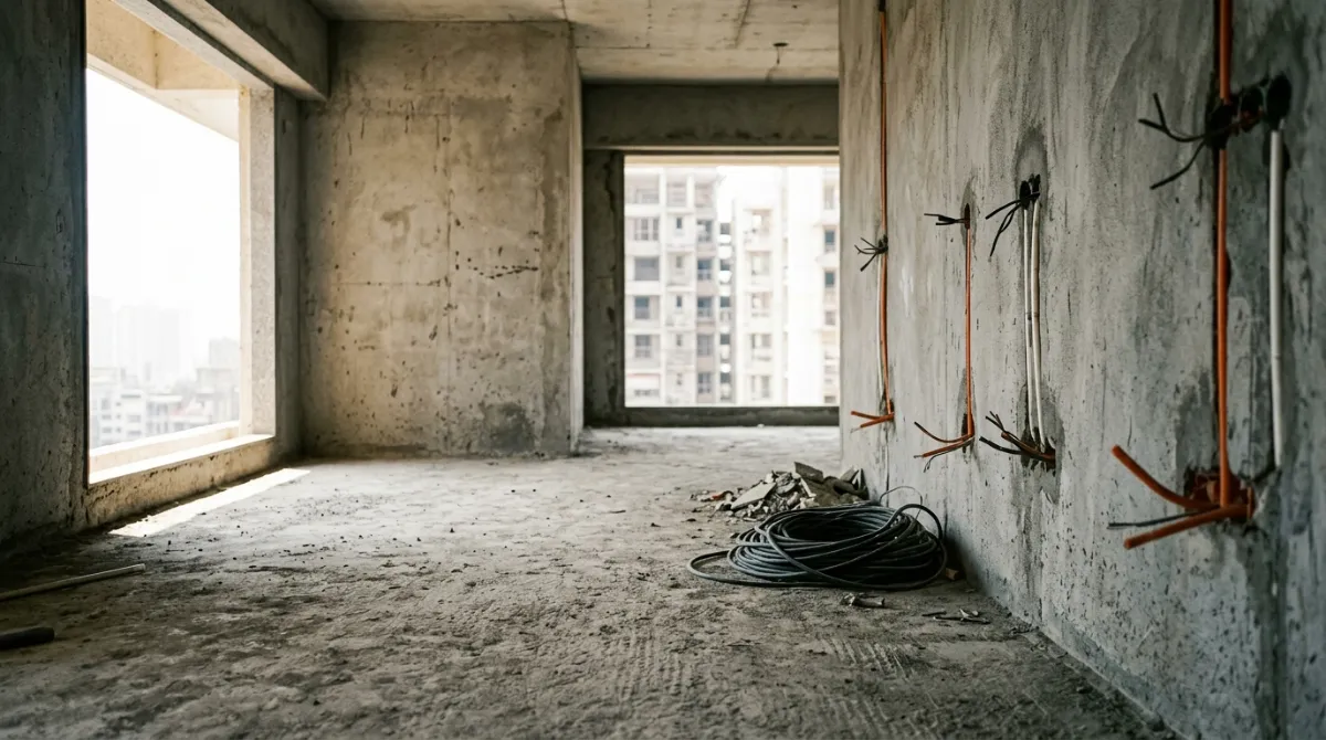 Bare concrete walls and an unframed window opening in an unfinished Indian apartment